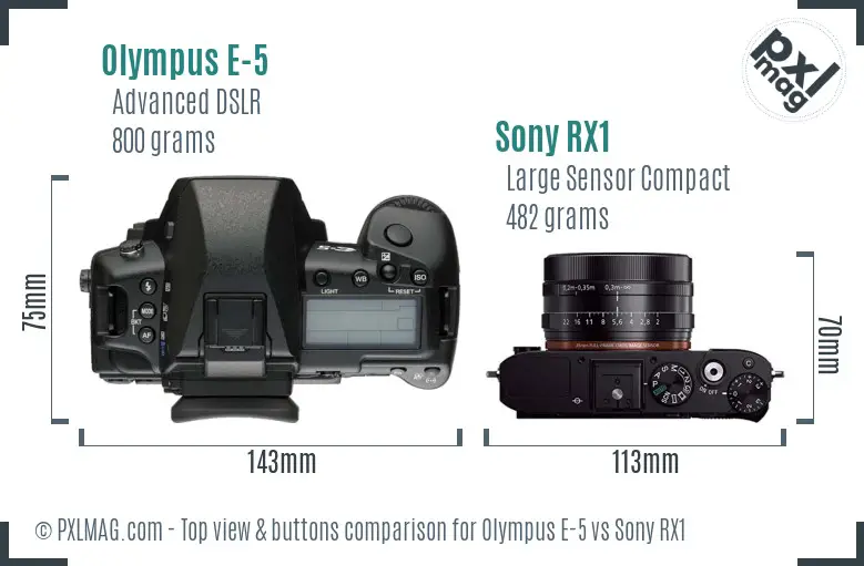 Olympus E-5 vs Sony RX1 top view buttons comparison