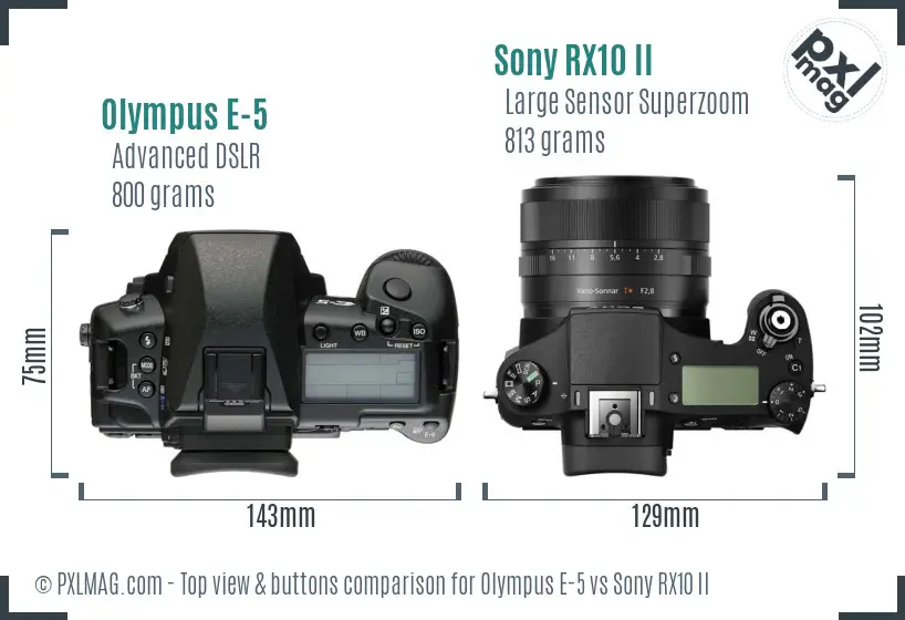 Olympus E-5 vs Sony RX10 II top view buttons comparison