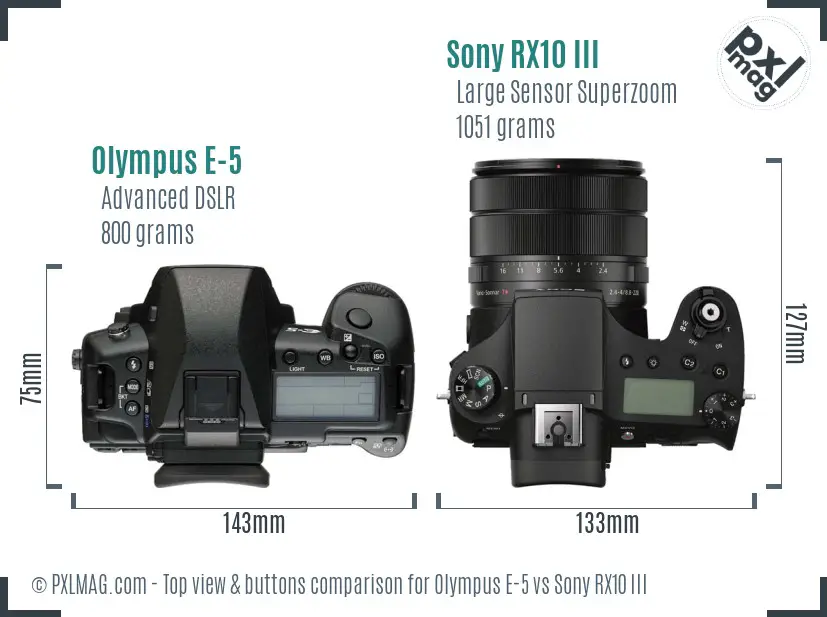 Olympus E-5 vs Sony RX10 III top view buttons comparison