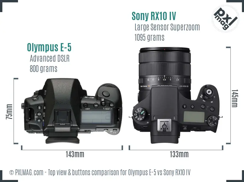 Olympus E-5 vs Sony RX10 IV top view buttons comparison