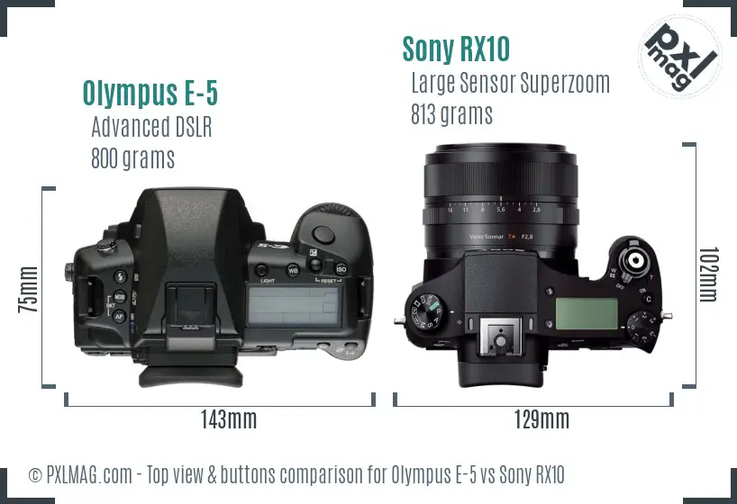 Olympus E-5 vs Sony RX10 top view buttons comparison
