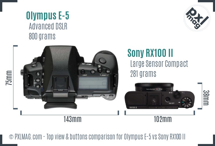 Olympus E-5 vs Sony RX100 II top view buttons comparison