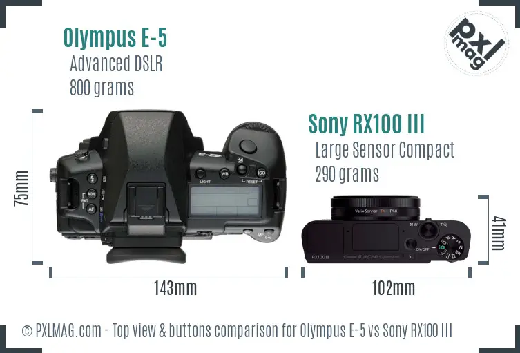 Olympus E-5 vs Sony RX100 III top view buttons comparison