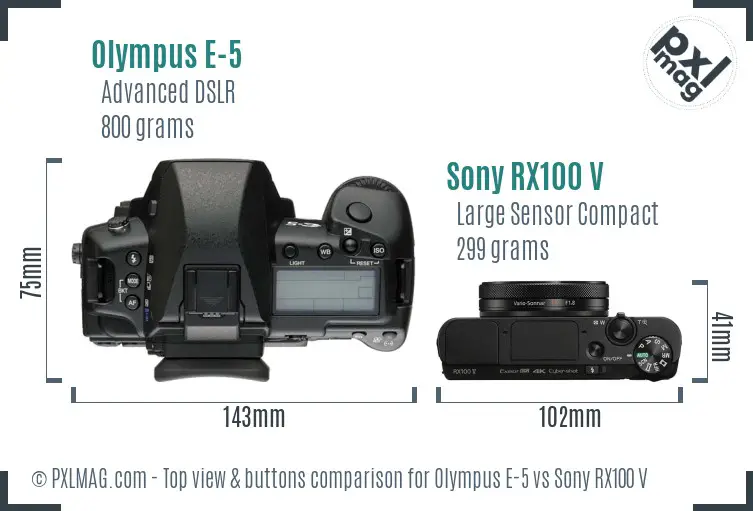 Olympus E-5 vs Sony RX100 V top view buttons comparison