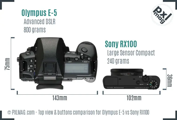 Olympus E-5 vs Sony RX100 top view buttons comparison