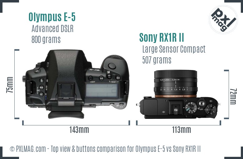 Olympus E-5 vs Sony RX1R II top view buttons comparison