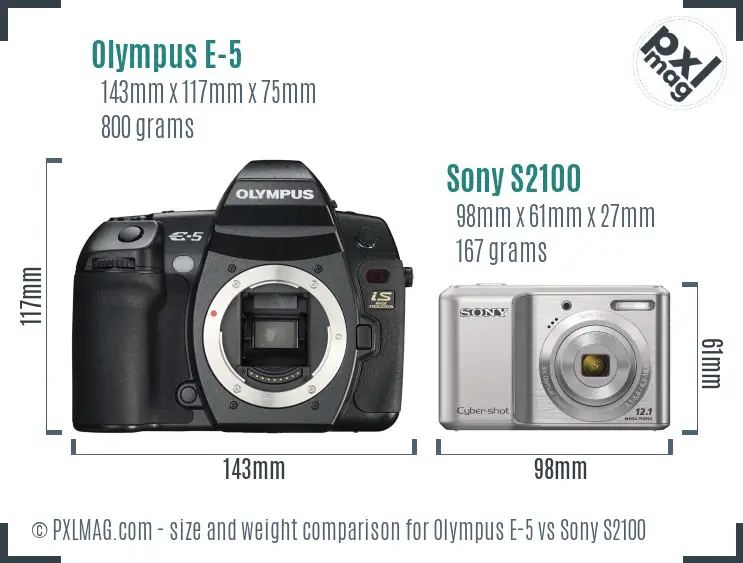 Olympus E-5 vs Sony S2100 size comparison