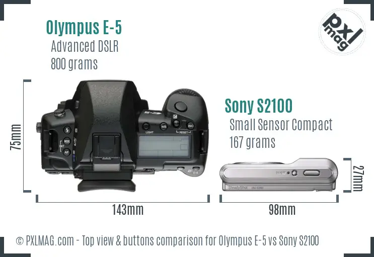 Olympus E-5 vs Sony S2100 top view buttons comparison