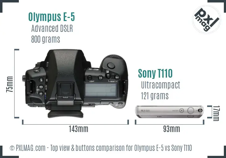 Olympus E-5 vs Sony T110 top view buttons comparison