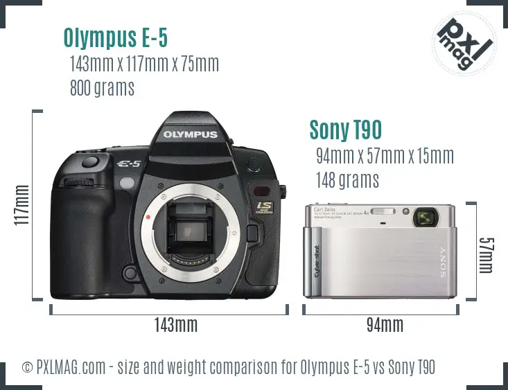 Olympus E-5 vs Sony T90 size comparison