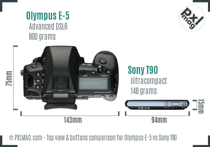 Olympus E-5 vs Sony T90 top view buttons comparison