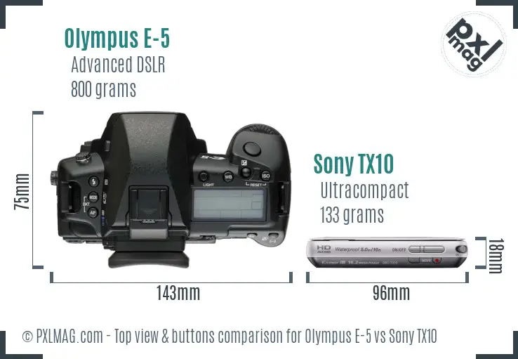 Olympus E-5 vs Sony TX10 top view buttons comparison