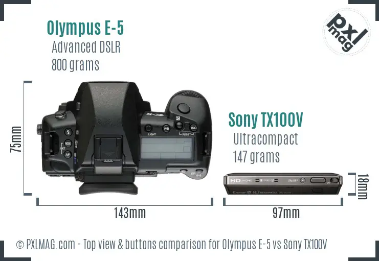 Olympus E-5 vs Sony TX100V top view buttons comparison