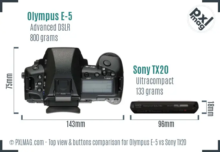 Olympus E-5 vs Sony TX20 top view buttons comparison Olympus E-5 vs Sony TX20 top view buttons comparison