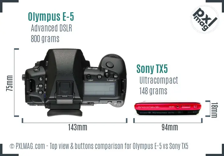 Olympus E-5 vs Sony TX5 top view buttons comparison