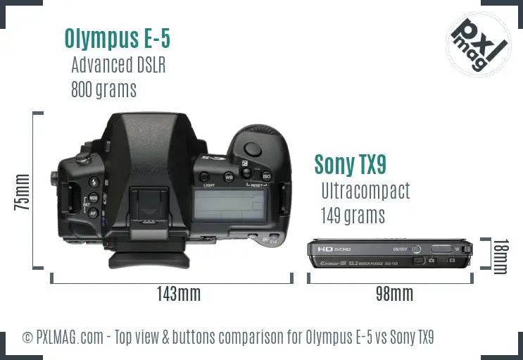 Olympus E-5 vs Sony TX9 top view buttons comparison