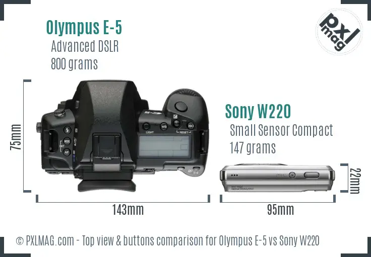 Olympus E-5 vs Sony W220 top view buttons comparison