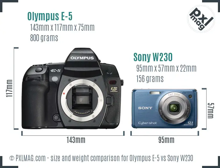 Olympus E-5 vs Sony W230 size comparison
