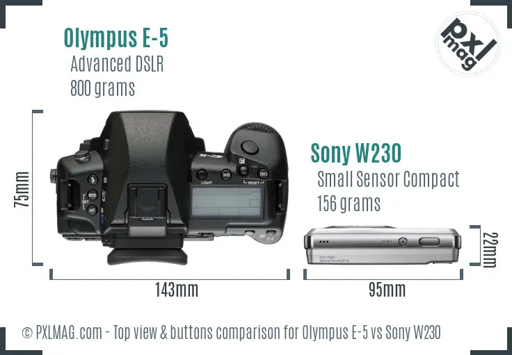 Olympus E-5 vs Sony W230 top view buttons comparison