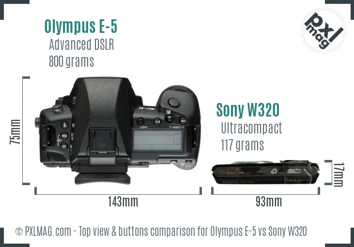 Olympus E-5 vs Sony W320 top view buttons comparison