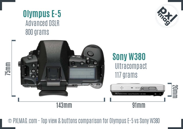 Olympus E-5 vs Sony W380 top view buttons comparison