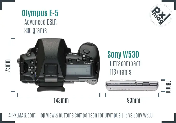 Olympus E-5 vs Sony W530 top view buttons comparison