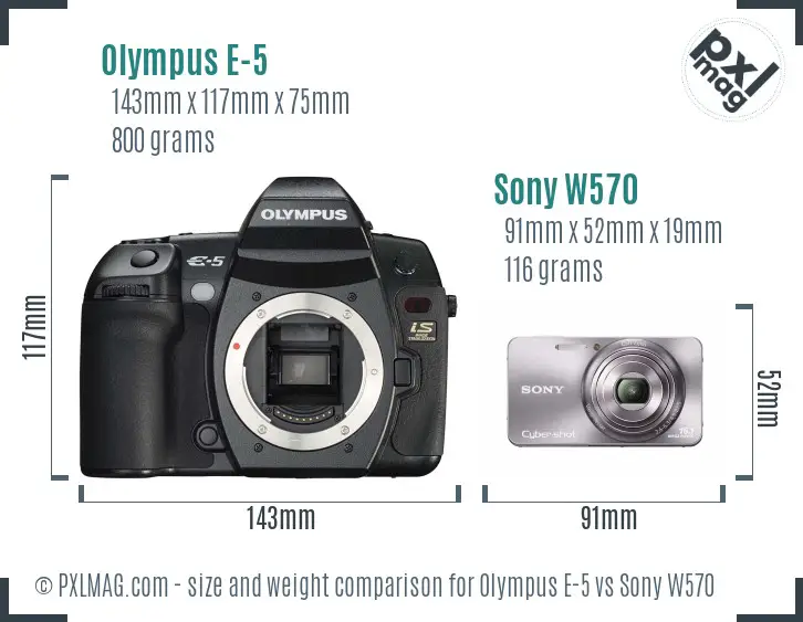 Olympus E-5 vs Sony W570 size comparison