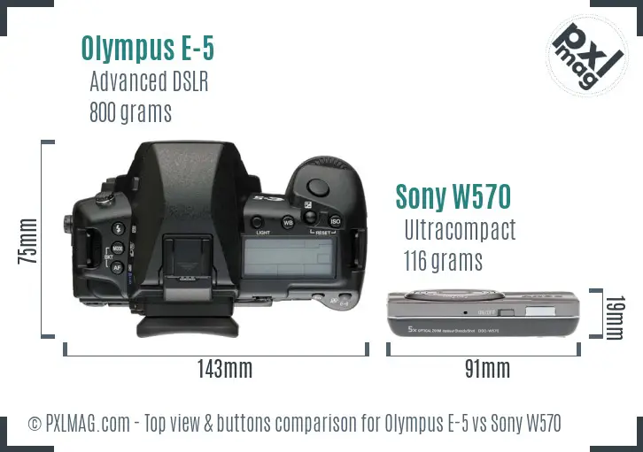 Olympus E-5 vs Sony W570 top view buttons comparison