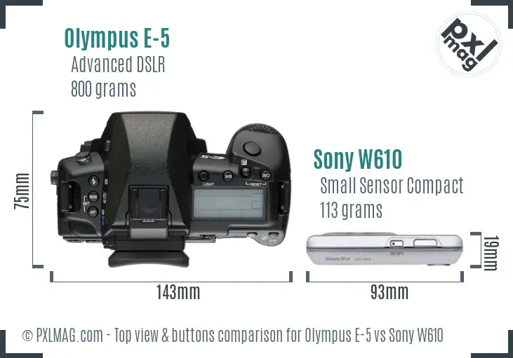 Olympus E-5 vs Sony W610 top view buttons comparison