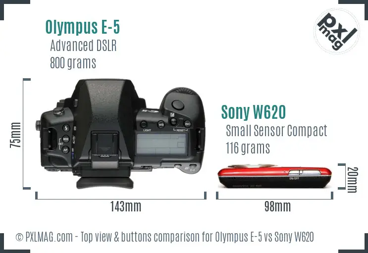 Olympus E-5 vs Sony W620 top view buttons comparison