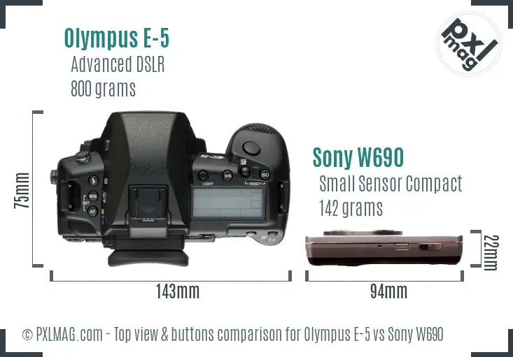 Olympus E-5 vs Sony W690 top view buttons comparison Olympus E-5 vs Sony W690 top view buttons comparison
