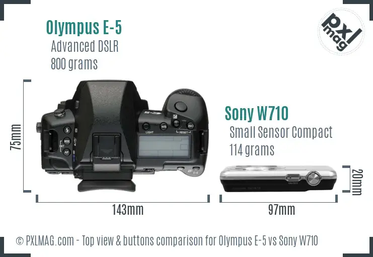 Olympus E-5 vs Sony W710 top view buttons comparison