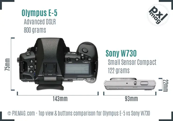 Olympus E-5 vs Sony W730 top view buttons comparison