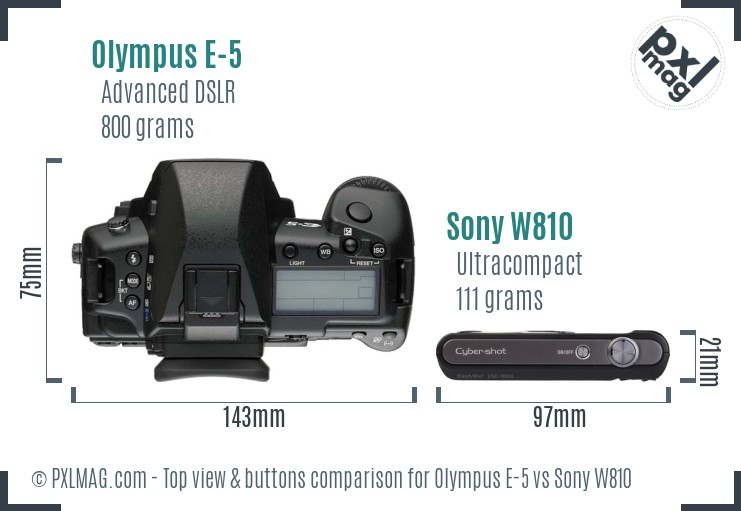 Olympus E-5 vs Sony W810 top view buttons comparison