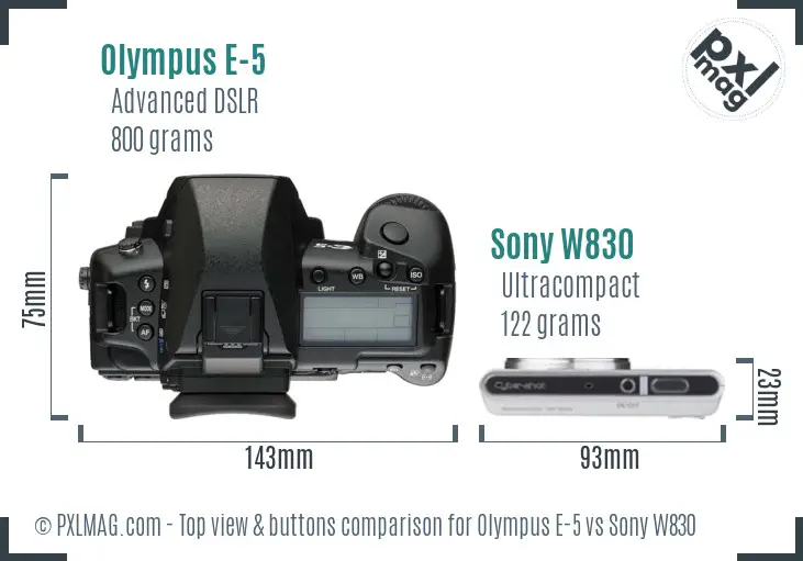 Olympus E-5 vs Sony W830 top view buttons comparison