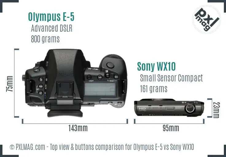 Olympus E-5 vs Sony WX10 top view buttons comparison