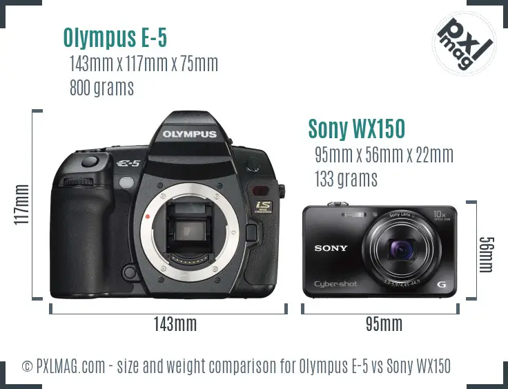 Olympus E-5 vs Sony WX150 size comparison