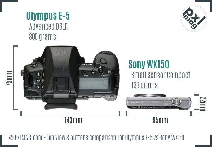 Olympus E-5 vs Sony WX150 top view buttons comparison