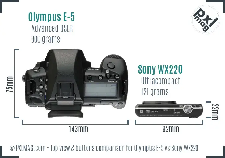 Olympus E-5 vs Sony WX220 top view buttons comparison