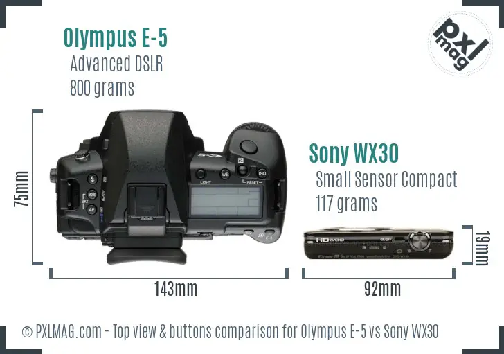 Olympus E-5 vs Sony WX30 top view buttons comparison