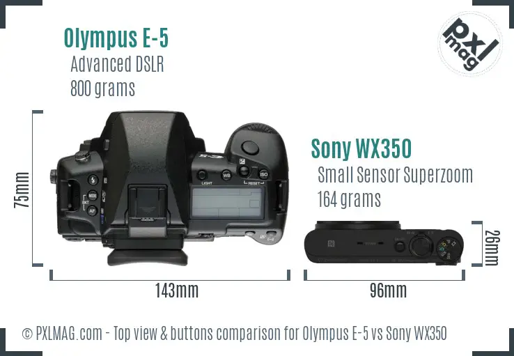 Olympus E-5 vs Sony WX350 top view buttons comparison Olympus E-5 vs Sony WX350 top view buttons comparison