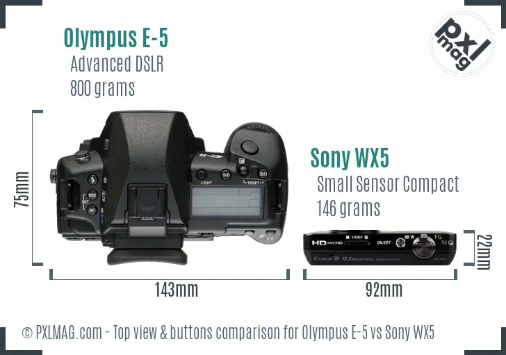 Olympus E-5 vs Sony WX5 top view buttons comparison