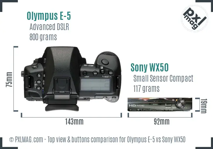 Olympus E-5 vs Sony WX50 top view buttons comparison Olympus E-5 vs Sony WX50 top view buttons comparison