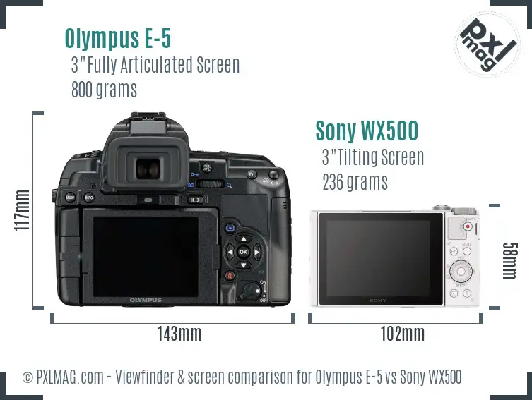 Olympus E-5 vs Sony WX500 Screen and Viewfinder comparison