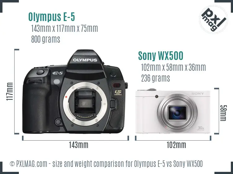 Olympus E-5 vs Sony WX500 size comparison