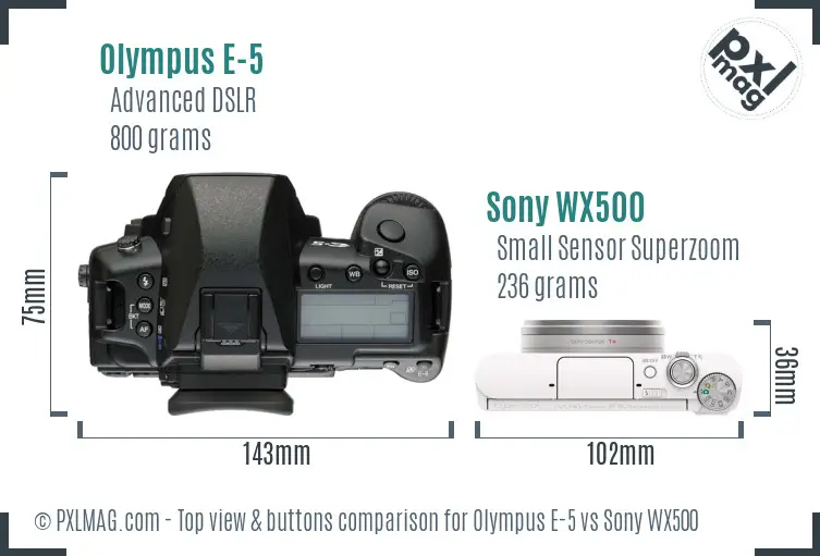 Olympus E-5 vs Sony WX500 top view buttons comparison