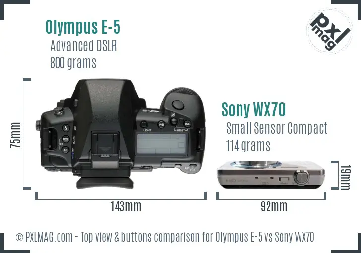 Olympus E-5 vs Sony WX70 top view buttons comparison