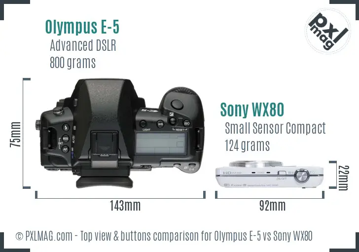 Olympus E-5 vs Sony WX80 top view buttons comparison