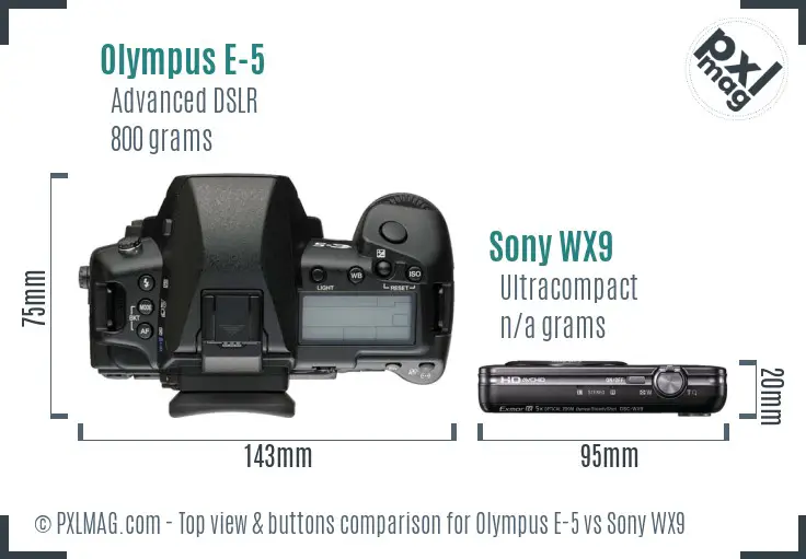 Olympus E-5 vs Sony WX9 top view buttons comparison