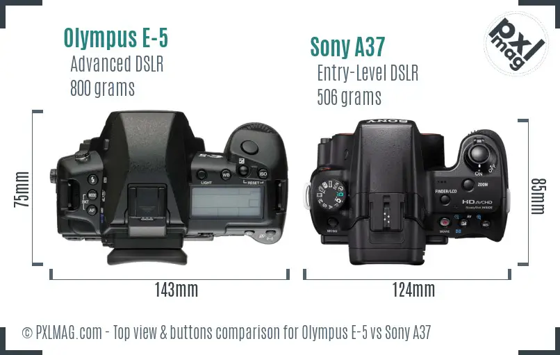 Olympus E-5 vs Sony A37 top view buttons comparison